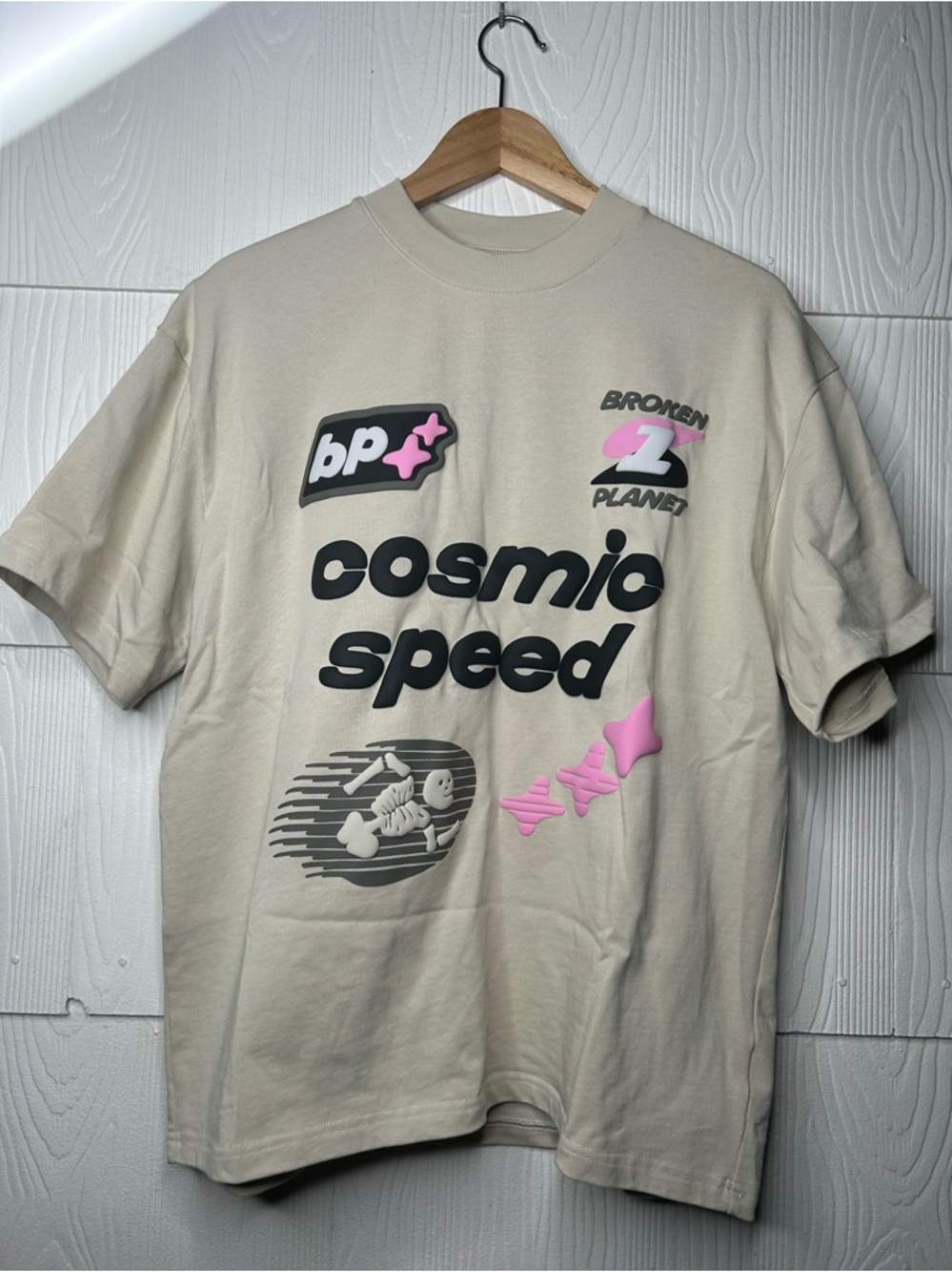 Cosmic Speed Graphic Tee - Cream with Pink Accents